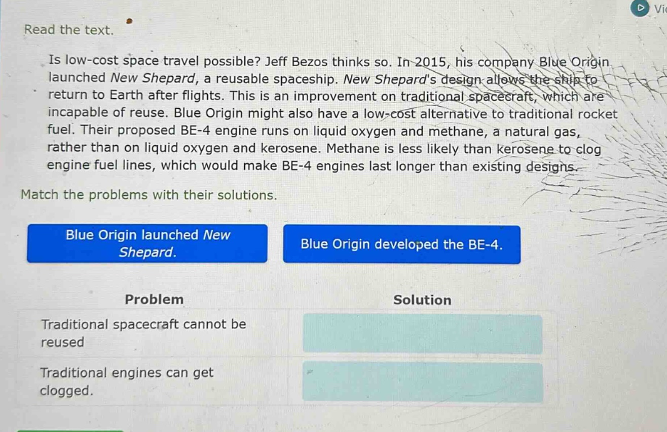 read the text.\nis low - cost space travel possible? jeff bezos thinks so. in 2015, his company blue origin launched new shepard, a reusable spaceship. new shepards design allows the ship to return to earth after flights. this is an improvement on traditional spacecraft, which are incapable of reuse. blue origin might also have a low - cost alternative to traditional rocket fuel. their proposed be - 4 engine runs on liquid oxygen and methane, a natural gas, rather than on liquid oxygen and kerosene. methane is less likely than kerosene to clog engine fuel lines, which would make be - 4 engines last longer than existing designs.\nmatch the problems with their solutions.\nblue origin launched new shepard.\nblue origin developed the be - 4.\nproblem\tsolution\ntraditional spacecraft cannot be reused\ntraditional engines can get clogged.