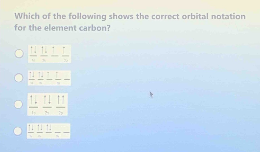which of the following shows the correct orbital notation for the element carbon?