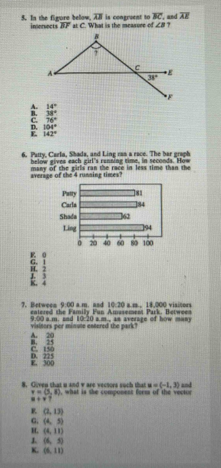 5. in the figure below, $overline{ab}$ is congruent to $overline{bc}$, and $overline{ae}$ intersects $overline{bf}$ at $c$. what is the measure of $angle b$?\na. $14^{circ}$\nb. $38^{circ}$\nc. $76^{circ}$\nd. $104^{circ}$\ne. $142^{circ}$\n6. patty, carla, shada, and ling ran a race. the bar - graph below gives each girls running time, in seconds. how many of the girls ran the race in less time than the average of the 4 running times?\npatty 81\ncarla 84\nshada 62\nling 94\nf. 0\ng. 1\nh. 2\nj. 3\nk. 4\n7. between 9:00 a.m. and 10:20 a.m., 18,000 visitors entered the family fun amusement park. between 9:00 a.m. and 10:20 a.m., an average of how many visitors per minute entered the park?\na. 20\nb. 25\nc. 150\nd. 225\ne. 300\n8. given that $mathbf{u}$ and $mathbf{v}$ are vectors such that $mathbf{u}=(-1,3)$ and $mathbf{v}=(5,8)$, what is the component form of the vector $mathbf{u}+mathbf{v}$?\nf. $(2,13)$\ng. $(4,5)$\nh. $(4,11)$\nj. $(6,5)$\nk. $(6,11)$