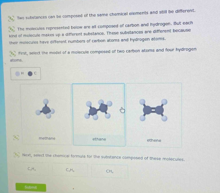 two substances can be composed of the same chemical elements and still be different. the molecules represented below are all composed of carbon and hydrogen. but each kind of molecule makes up a different substance. these substances are different because their molecules have different numbers of carbon atoms and hydrogen atoms. first, select the model of a molecule composed of two carbon atoms and four hydrogen atoms. h c methane ethane ethene next, select the chemical formula for the substance composed of these molecules. c₂h₄ c₂h₆ ch₄ submit