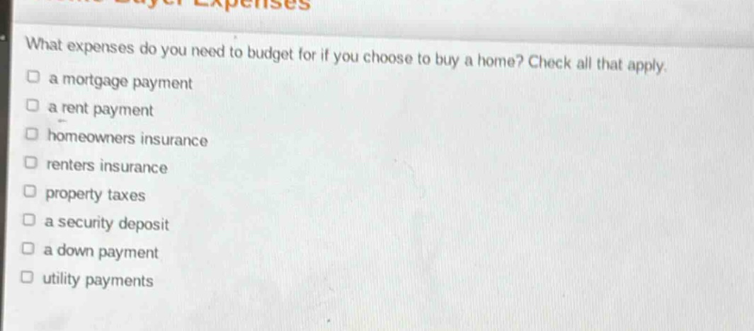 what expenses do you need to budget for if you choose to buy a home? check all that apply.\n□ a mortgage payment\n□ a rent payment\n□ homeowners insurance\n□ renters insurance\n□ property taxes\n□ a security deposit\n□ a down payment\n□ utility payments