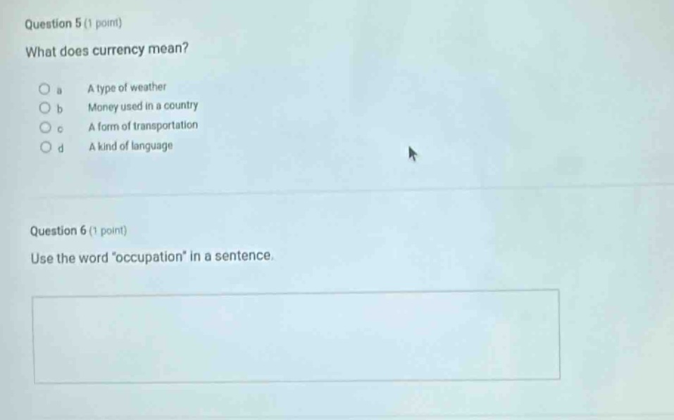question 5 (1 point)\nwhat does currency mean?\n○ a a type of weather\n○ b money used in a country\n○ c a form of transportation\n○ d a kind of language\n\nquestion 6 (1 point)\nuse the word \occupation\ in a sentence.