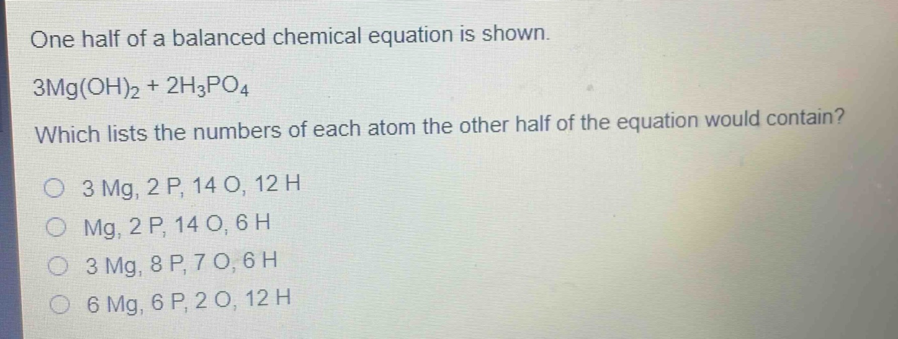 one half of a balanced chemical equation is shown.\n3mg(oh)₂ + 2h₃po₄\nwhich lists the numbers of each atom the other half of the equation would contain?\n3 mg, 2 p, 14 o, 12 h\nmg, 2 p, 14 o, 6 h\n3 mg, 8 p, 7 o, 6 h\n6 mg, 6 p, 2 o, 12 h