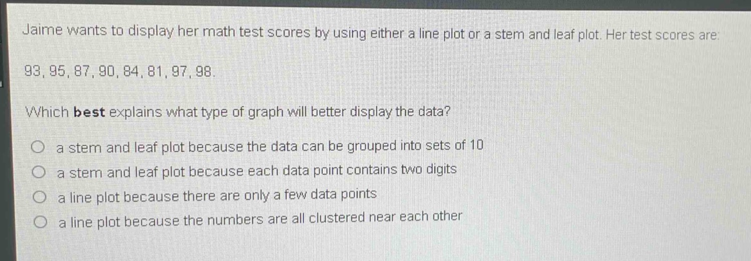 jaime wants to display her math test scores by using either a line plot or a stem and leaf plot. her test scores are: 93, 95, 87, 90, 84, 81, 97, 98. which best explains what type of graph will better display the data? a stem and leaf plot because the data can be grouped into sets of 10 a stem and leaf plot because each data point contains two digits a line plot because there are only a few data points a line plot because the numbers are all clustered near each other