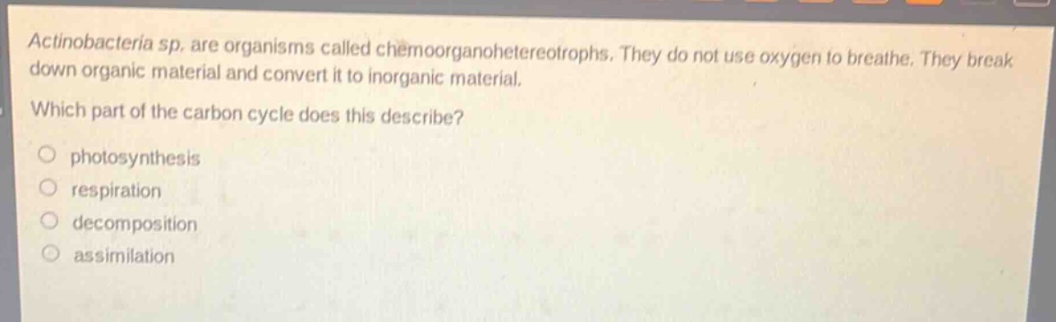 actinobacteria sp. are organisms called chemoorganoheterotrophs. they do not use oxygen to breathe. they break down organic material and convert it to inorganic material. which part of the carbon cycle does this describe?\nphotosynthesis\nrespiration\ndecomposition\nassimilation
