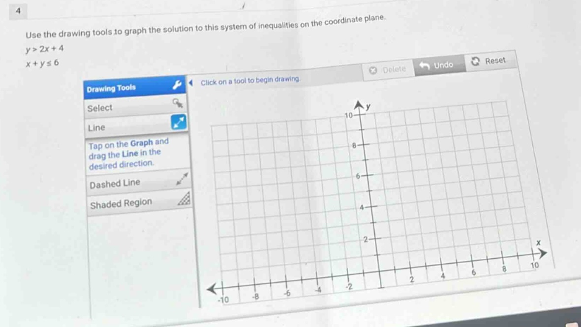 use the drawing tools to graph the solution to this system of inequalities on the coordinate plane.\ny > 2x + 4\nx + y ≤ 6