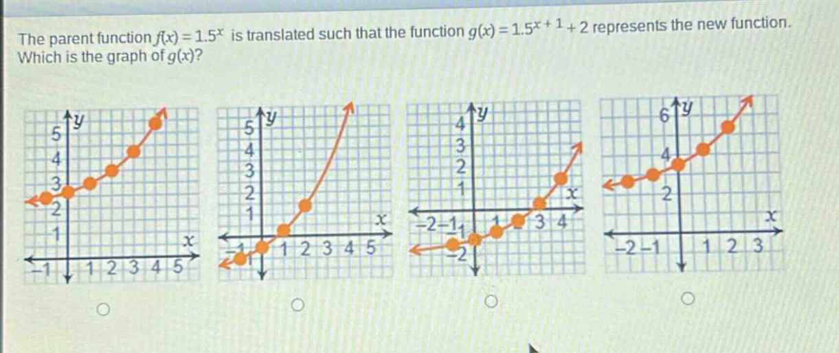 the parent function $f(x)=1.5^{x}$ is translated such that the function $g(x)=1.5^{x + 1}+2$ represents the new function. which is the graph of $g(x)$?
