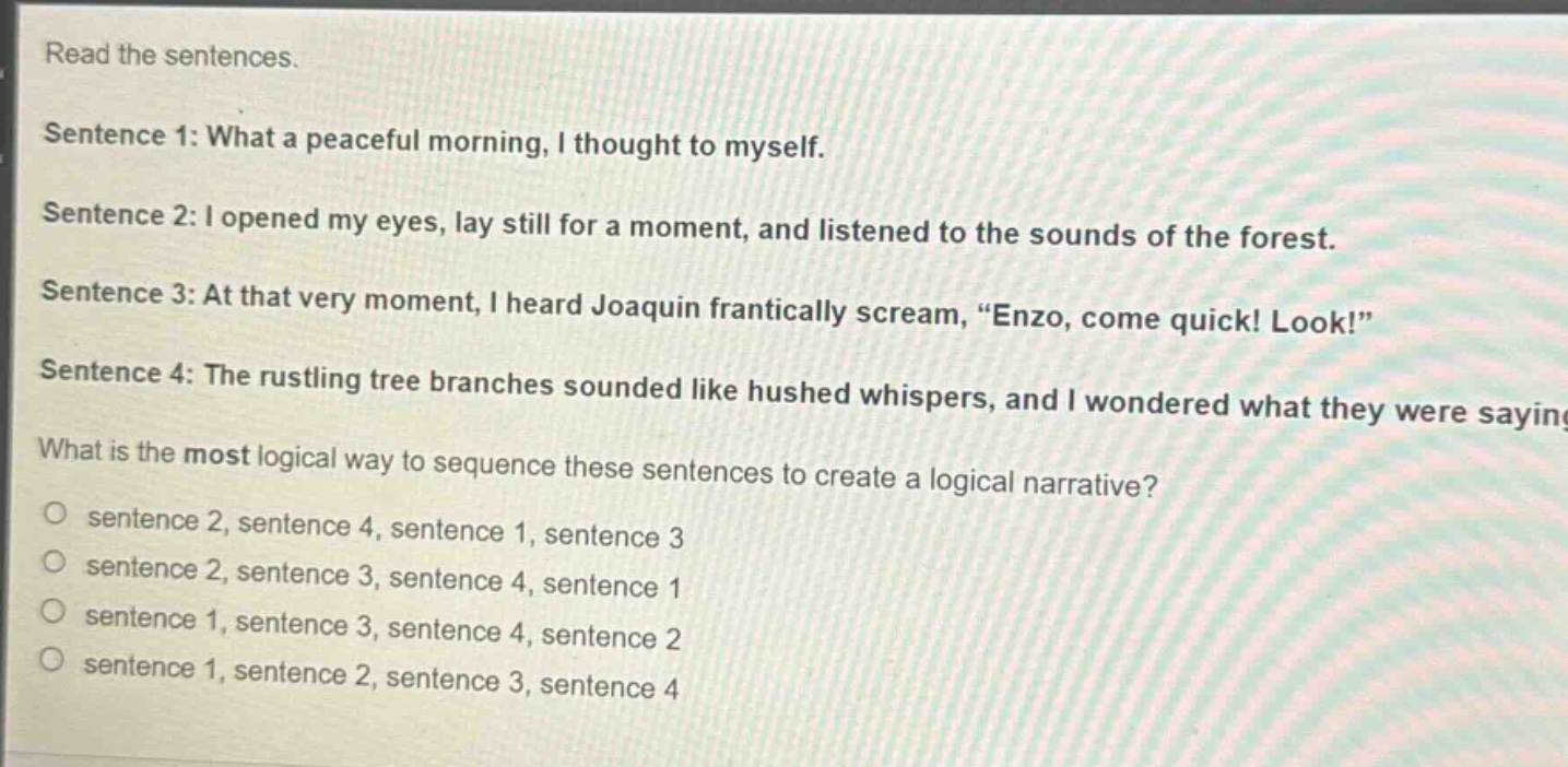 read the sentences. sentence 1: what a peaceful morning, i thought to myself. sentence 2: i opened my eyes, lay still for a moment, and listened to the sounds of the forest. sentence 3: at that very moment, i heard joaquin frantically scream, “enzo, come quick! look!” sentence 4: the rustling tree branches sounded like hushed whispers, and i wondered what they were saying. what is the most logical way to sequence these sentences to create a logical narrative? sentence 2, sentence 4, sentence 1, sentence 3 sentence 2, sentence 3, sentence 4, sentence 1 sentence 1, sentence 3, sentence 4, sentence 2 sentence 1, sentence 2, sentence 3, sentence 4