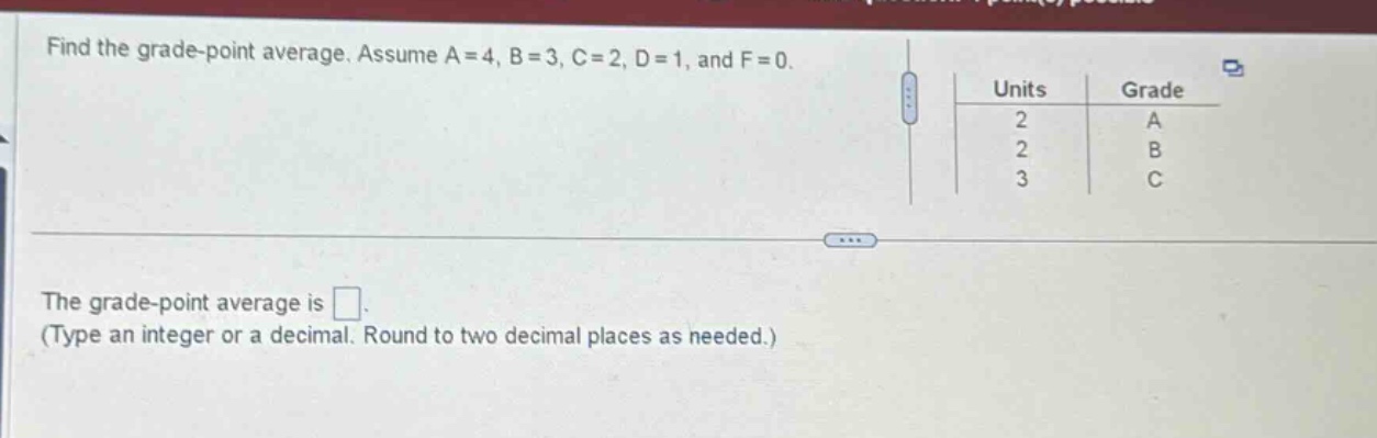 find the grade - point average. assume a = 4, b = 3, c = 2, d = 1, and f = 0.\nthe grade - point average is \n(type an integer or a decimal. round to two decimal places as needed.)