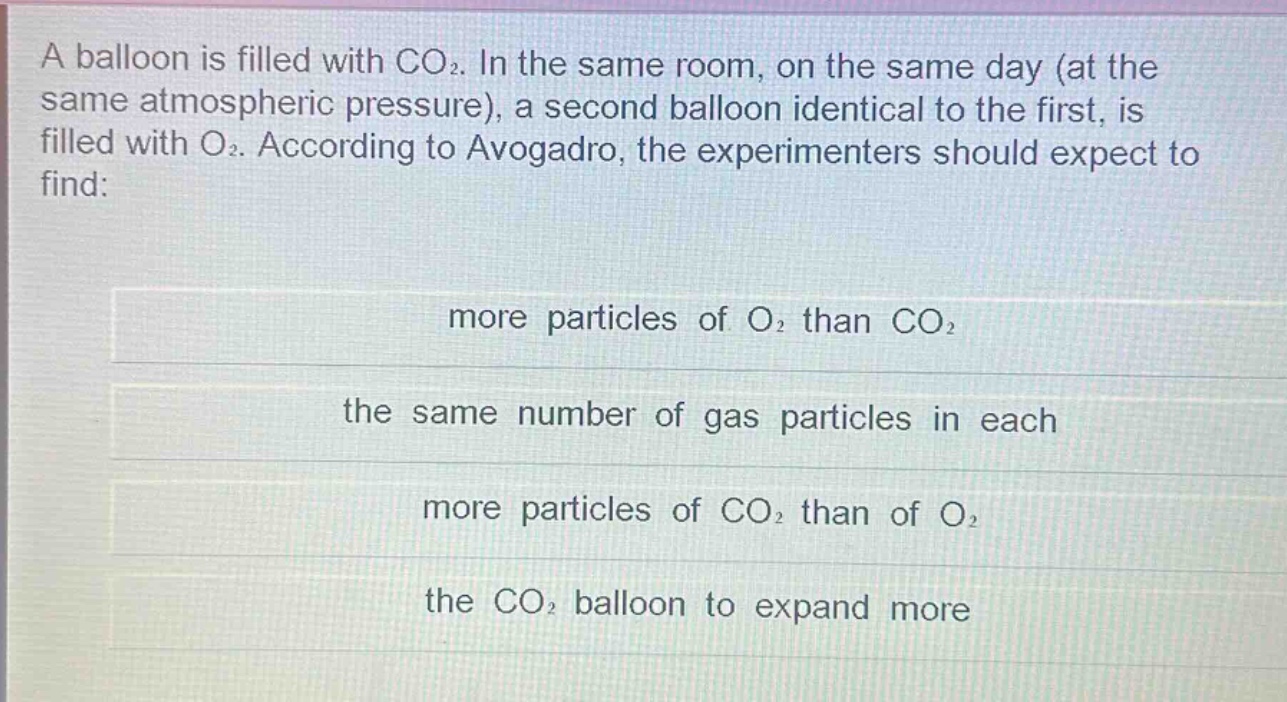 a balloon is filled with co₂. in the same room, on the same day (at the same atmospheric pressure), a second balloon identical to the first, is filled with o₂. according to avogadro, the experimenters should expect to find:\nmore particles of o₂ than co₂\nthe same number of gas particles in each\nmore particles of co₂ than of o₂\nthe co₂ balloon to expand more