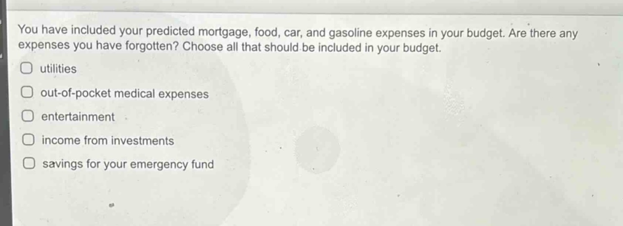 you have included your predicted mortgage, food, car, and gasoline expenses in your budget. are there any expenses you have forgotten? choose all that should be included in your budget.\nutilities\nout - of - pocket medical expenses\nentertainment\nincome from investments\nsavings for your emergency fund