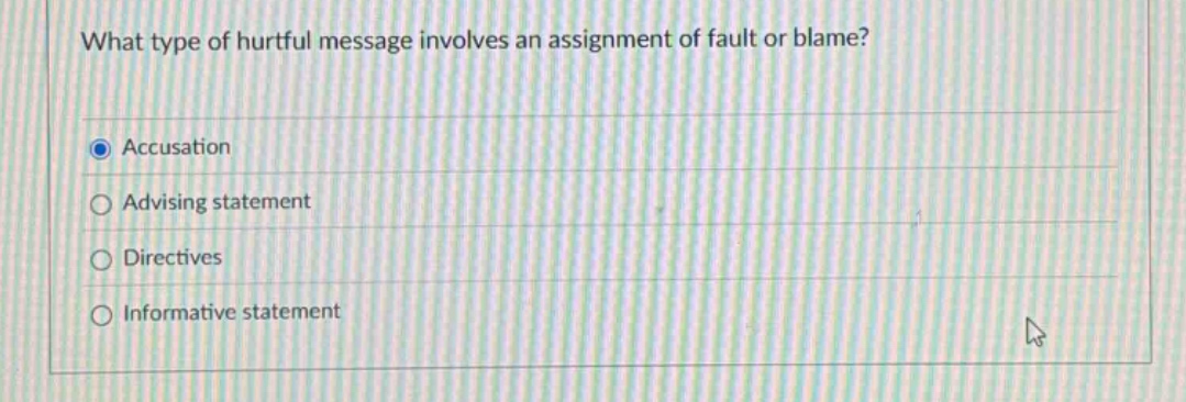 what type of hurtful message involves an assignment of fault or blame?\naccusation\nadvising statement\ndirectives\ninformative statement