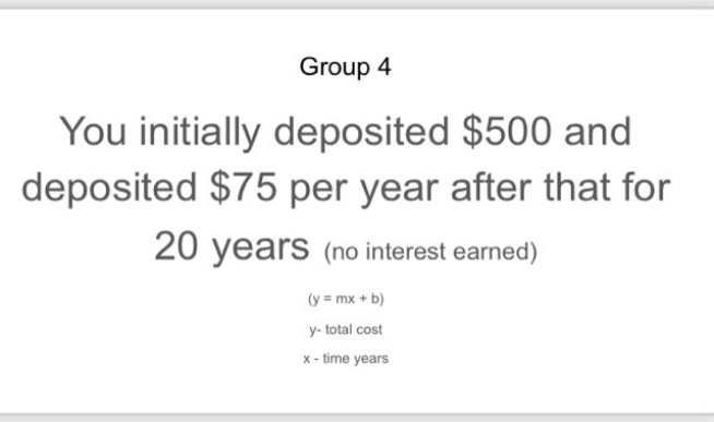 group 4\nyou initially deposited $500 and deposited $75 per year after that for 20 years (no interest earned)\n(y = mx + b)\ny - total cost\nx - time years