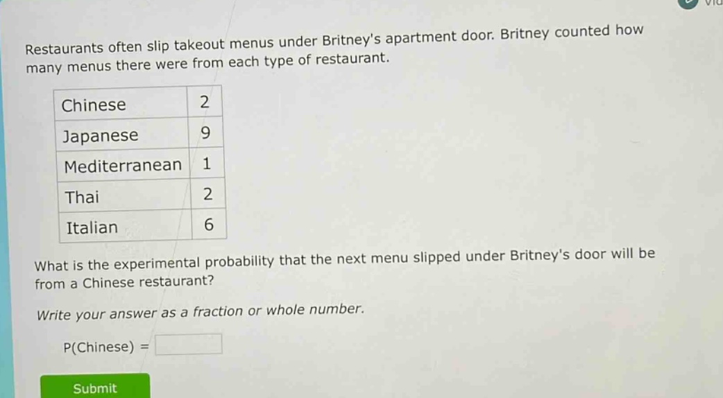 restaurants often slip takeout menus under britneys apartment door. britney counted how many menus there were from each type of restaurant.\n| chinese | 2 |\n| japanese | 9 |\n| mediterranean | 1 |\n| thai | 2 |\n| italian | 6 |\nwhat is the experimental probability that the next menu slipped under britneys door will be from a chinese restaurant?\nwrite your answer as a fraction or whole number.\np(chinese) =