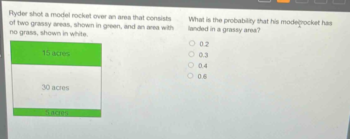 ryder shot a model rocket over an area that consists of two grassy areas, shown in green, and an area with no grass, shown in white. what is the probability that his model rocket has landed in a grassy area? 0.2 0.3 0.4 0.6 15 acres 30 acres 5 acres