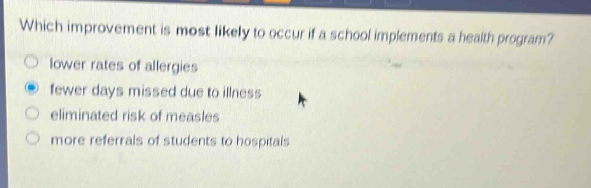 which improvement is most likely to occur if a school implements a health program?\nlower rates of allergies\nfewer days missed due to illness\neliminated risk of measles\nmore referrals of students to hospitals