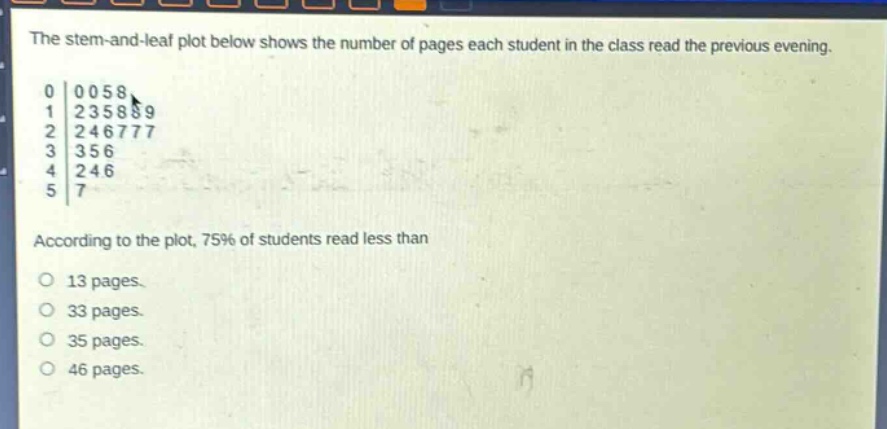 the stem - and - leaf plot below shows the number of pages each student in the class read the previous evening.\n0 | 0058\n1 | 235889\n2 | 246777\n3 | 356\n4 | 246\n5 | 7\naccording to the plot, 75% of students read less than\no 13 pages.\no 33 pages.\no 35 pages.\no 46 pages.