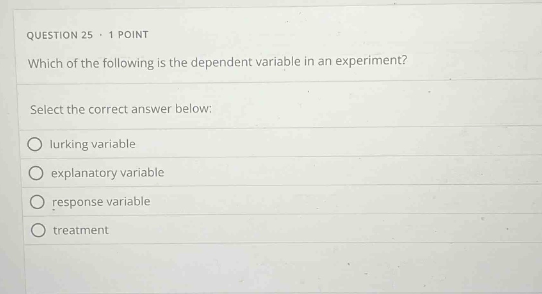 question 25 · 1 point\nwhich of the following is the dependent variable in an experiment?\nselect the correct answer below:\nlurking variable\nexplanatory variable\nresponse variable\ntreatment