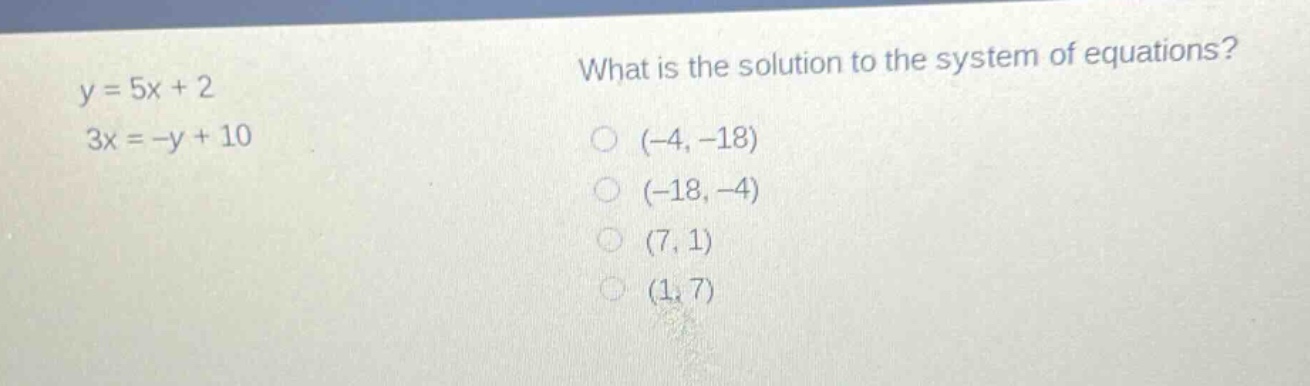 y = 5x + 2\n3x = -y + 10\nwhat is the solution to the system of equations?\n(-4, -18)\n(-18, -4)\n(7, 1)\n(1, 7)