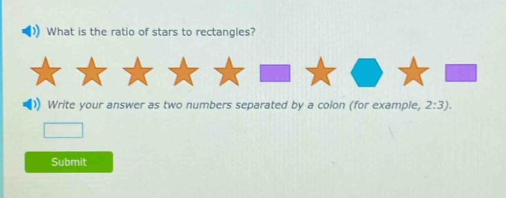 what is the ratio of stars to rectangles? write your answer as two numbers separated by a colon (for example, 2:3).