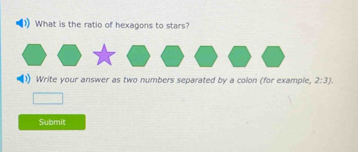 what is the ratio of hexagons to stars? write your answer as two numbers separated by a colon (for example, 2:3).