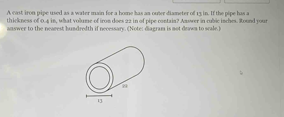 a cast iron pipe used as a water main for a home has an outer diameter of 13 in. if the pipe has a thickness of 0.4 in, what volume of iron does 22 in of pipe contain? answer in cubic inches. round your answer to the nearest hundredth if necessary. (note: diagram is not drawn to scale.)