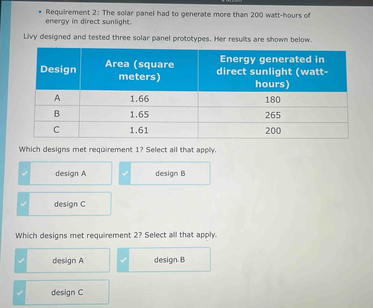 requirement 2: the solar panel had to generate more than 200 watt - hours of energy in direct sunlight.\nlivy designed and tested three solar panel prototypes. her results are shown below.\n| design | area (square meters) | energy generated in direct sunlight (watt - hours) |\n| ---- | ---- | ---- |\n| a | 1.66 | 180 |\n| b | 1.65 | 265 |\n| c | 1.61 | 200 |\nwhich designs met requirement 1? select all that apply.\ndesign a\ndesign b\ndesign c\nwhich designs met requirement 2? select all that apply.\ndesign a\ndesign b\ndesign c