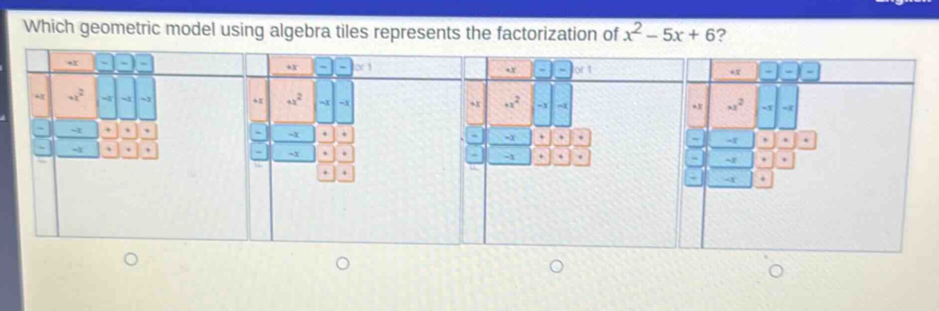 which geometric model using algebra tiles represents the factorization of $x^{2}-5x + 6$?
