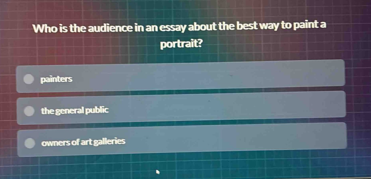 who is the audience in an essay about the best way to paint a portrait?\npainters\nthe general public\nowners of art galleries