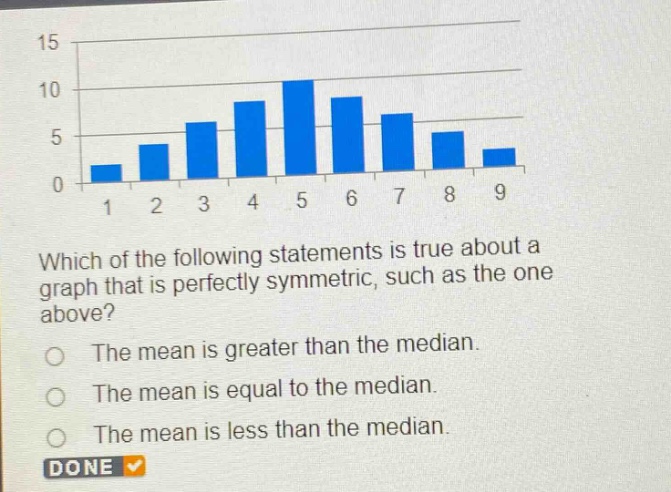 which of the following statements is true about a graph that is perfectly symmetric, such as the one above?\nthe mean is greater than the median.\nthe mean is equal to the median.\nthe mean is less than the median.