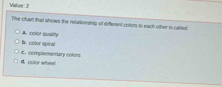 value: 2\nthe chart that shows the relationship of different colors to each other is called:\n a. color quality\n b. color spiral\n c. complementary colors\n d. color wheel