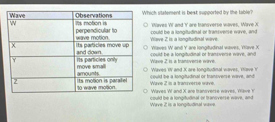 wave|observations\nw|its motion is perpendicular to wave motion.\nx|its particles move up and down.\ny|its particles only move small amounts.\nz|its motion is parallel to wave motion.\nwhich statement is best supported by the table?\nwaves w and y are transverse waves, wave x could be a longitudinal or transverse wave, and wave z is a longitudinal wave.\nwaves w and y are longitudinal waves, wave x could be a longitudinal or transverse wave, and wave z is a transverse wave.\nwaves w and x are longitudinal waves, wave y could be a longitudinal or transverse wave, and wave z is a transverse wave.\nwaves w and x are transverse waves, wave y could be a longitudinal or transverse wave, and wave z is a longitudinal wave.