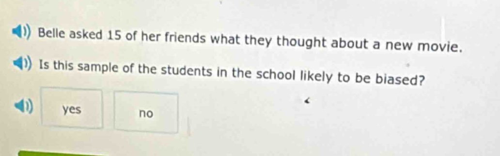 belle asked 15 of her friends what they thought about a new movie. is this sample of the students in the school likely to be biased? yes no