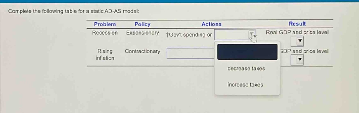 complete the following table for a static ad - as model:\n| problem | policy | actions | result |\n|--|--|--|--|\n| recession | expansionary | ↑govt spending or | real gdp and price level |\n| rising inflation | contractionary | | gdp and price level |