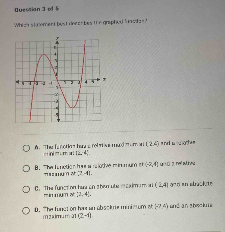 question 3 of 5\nwhich statement best describes the graphed function?\na. the function has a relative maximum at (-2,4) and a relative minimum at (2,-4).\nb. the function has a relative minimum at (-2,4) and a relative maximum at (2,-4).\nc. the function has an absolute maximum at (-2,4) and an absolute minimum at (2,-4).\nd. the function has an absolute minimum at (-2,4) and an absolute maximum at (2,-4).