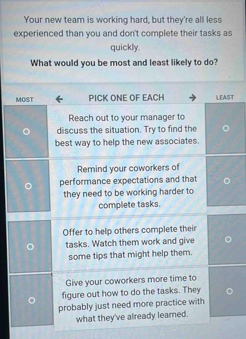 your new team is working hard, but theyre all less experienced than you and dont complete their tasks as quickly. what would you be most and least likely to do? pick one of each most least reach out to your manager to discuss the situation. try to find the best way to help the new associates. remind your coworkers of performance expectations and that they need to be working harder to complete tasks. offer to help others complete their tasks. watch them work and give some tips that might help them. give your coworkers more time to figure out how to do the tasks. they probably just need more practice with what theyve already learned.
