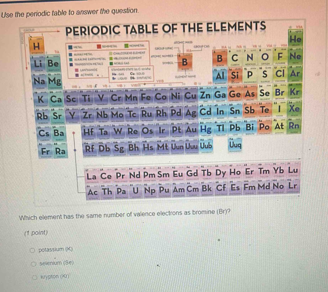use the periodic table to answer the question.\nperiodic table of the elements\nwhich element has the same number of valence electrons as bromine (br)?\n(1 point)\n○ potassium (k)\n○ selenium (se)\n○ krypton (kr)
