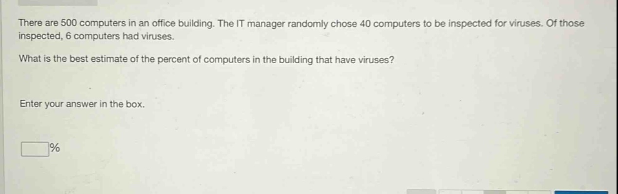 there are 500 computers in an office building. the it manager randomly chose 40 computers to be inspected for viruses. of those inspected, 6 computers had viruses. what is the best estimate of the percent of computers in the building that have viruses? enter your answer in the box. %