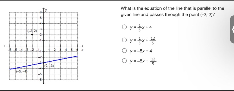 what is the equation of the line that is parallel to the given line and passes through the point (-2, 2)?\n$y = \\frac{1}{5}x + 4$\n$y = \\frac{1}{5}x+\\frac{12}{5}$\n$y=-5x + 4$\n$y=-5x+\\frac{12}{5}$