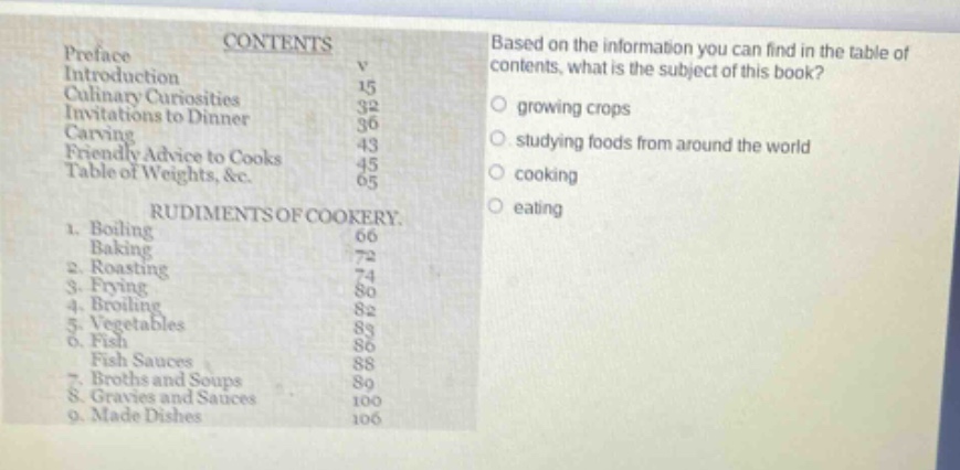 contents\npreface v\nintroduction 15\nculinary curiosities 32\ninvitations to dinner 36\ncarving 43\nfriendly advice to cooks 45\ntable of weights, &c. 65\nrudiments of cookery.\n1. boiling 66\nbaking 72\n2. roasting 74\n3. frying 80\n4. broiling 82\n5. vegetables 83\n6. fish 86\nfish sauces 88\n7. broths and soups 89\n8. gravies and sauces 100\n9. made dishes 106\nbased on the information you can find in the table of contents, what is the subject of this book?\n○ growing crops\n○ studying foods from around the world\n○ cooking\n○ eating