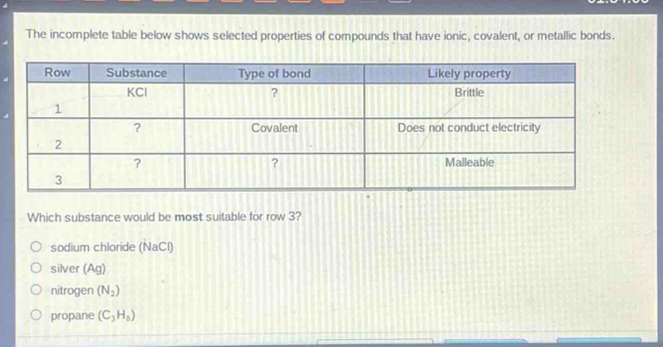 the incomplete table below shows selected properties of compounds that have ionic, covalent, or metallic bonds.\n|row|substance|type of bond|likely property|\n|----|----|----|----|\n|1|kcl|?|brittle|\n|2|?|covalent|does not conduct electricity|\n|3|?|?|malleable|\nwhich substance would be most suitable for row 3?\n- sodium chloride (nacl)\n- silver (ag)\n- nitrogen (n₂)\n- propane (c₃h₈)