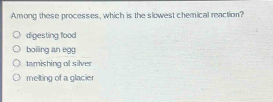 among these processes, which is the slowest chemical reaction?\no digesting food\no boiling an egg\no tarnishing of silver\no melting of a glacier