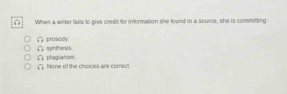 when a writer fails to give credit for information she found in a source, she is committing: prosody. synthesis. plagiarism. none of the choices are correct.