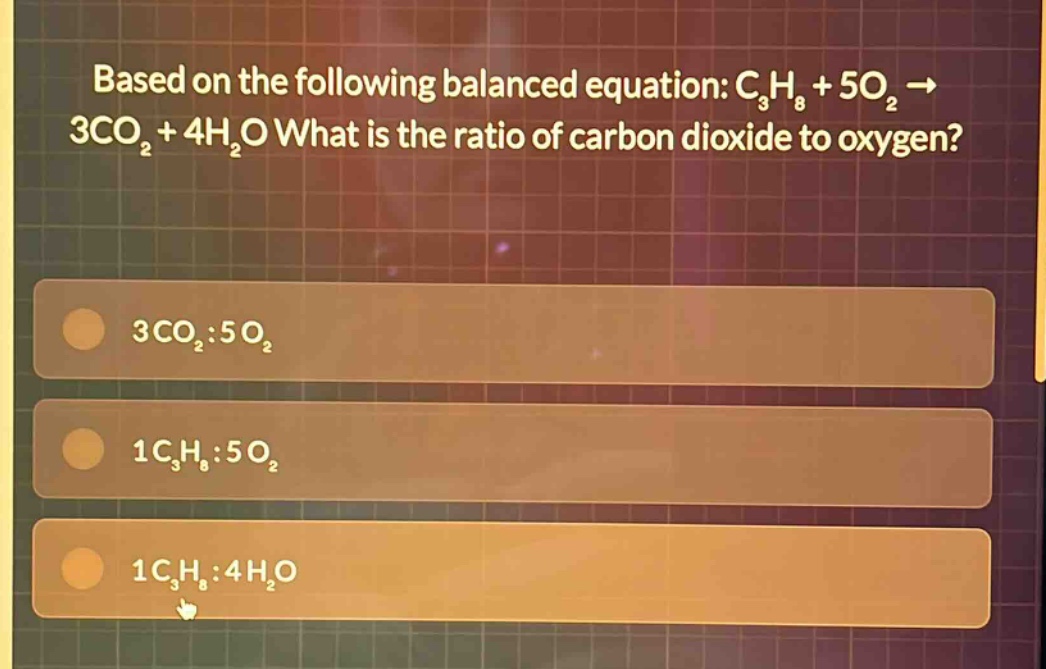 based on the following balanced equation: c₃h₈ + 5o₂ → 3co₂ + 4h₂o what is the ratio of carbon dioxide to oxygen? 3co₂:5o₂ 1c₃h₈:5o₂ 1c₃h₈:4h₂o
