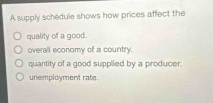 a supply schedule shows how prices affect the\n○ quality of a good.\n○ overall economy of a country.\n○ quantity of a good supplied by a producer.\n○ unemployment rate.