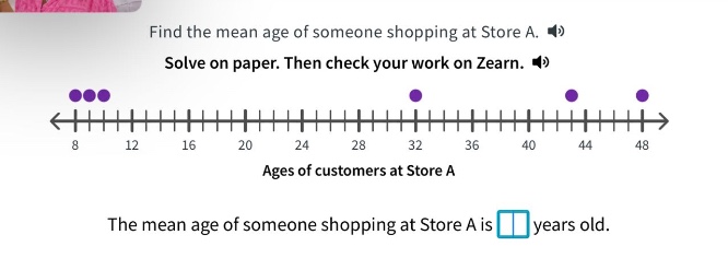 find the mean age of someone shopping at store a. solve on paper. then check your work on zearn. ages of customers at store a the mean age of someone shopping at store a is years old.