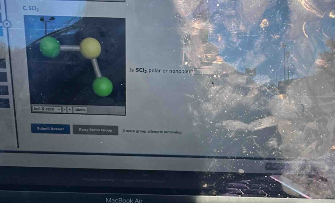 c. scl₂\nis scl₂ polar or nonpolar?\nball & stick + labels\nsubmit answer retry entire group 9 more group attempts remaining