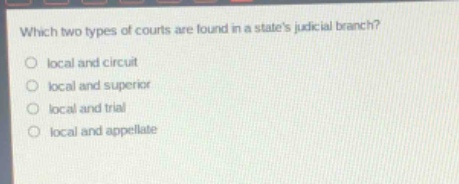 which two types of courts are found in a states judicial branch?\no local and circuit\no local and superior\no local and trial\no local and appellate