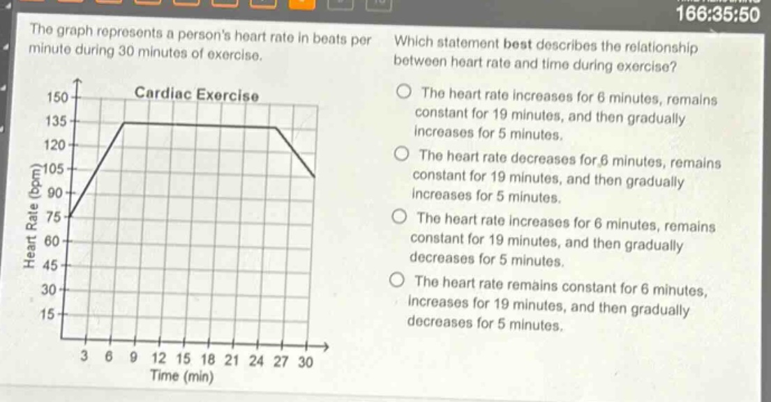 the graph represents a persons heart rate in beats per minute during 30 minutes of exercise. which statement best describes the relationship between heart rate and time during exercise? cardiac exercise the heart rate increases for 6 minutes, remains constant for 19 minutes, and then gradually increases for 5 minutes. the heart rate decreases for 6 minutes, remains constant for 19 minutes, and then gradually increases for 5 minutes. the heart rate increases for 6 minutes, remains constant for 19 minutes, and then gradually decreases for 5 minutes. the heart rate remains constant for 6 minutes, increases for 19 minutes, and then gradually decreases for 5 minutes.