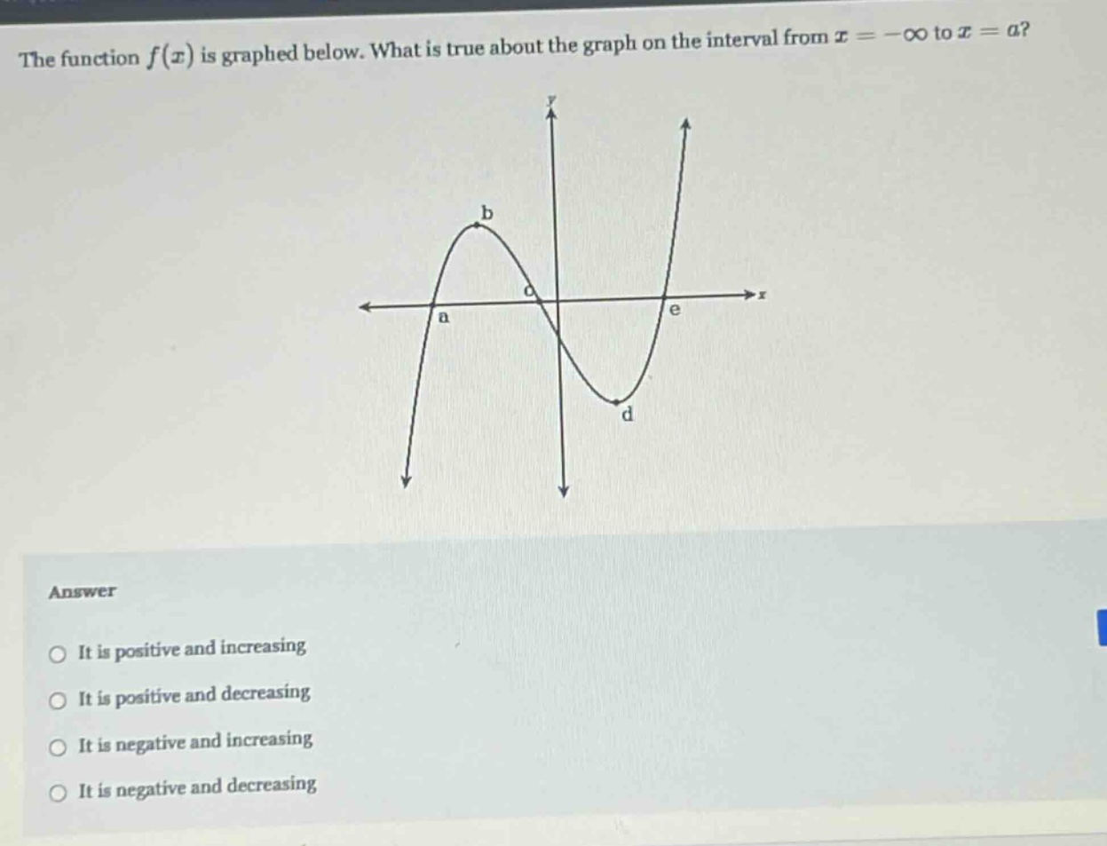 the function $f(x)$ is graphed below. what is true about the graph on the interval from $x = -infty$ to $x = a$?\nanswer\nit is positive and increasing\nit is positive and decreasing\nit is negative and increasing\nit is negative and decreasing